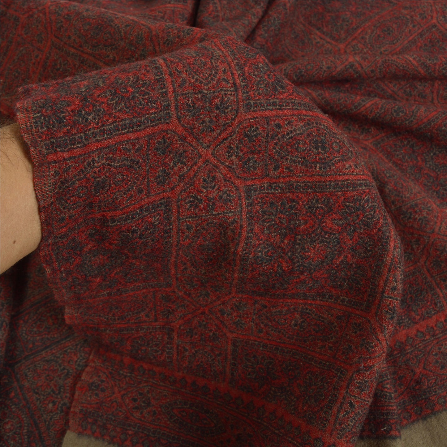 Sanskriti Vintage Long Pure Woolen Dark Red Shawl Woven Scarf Throw Soft Stole