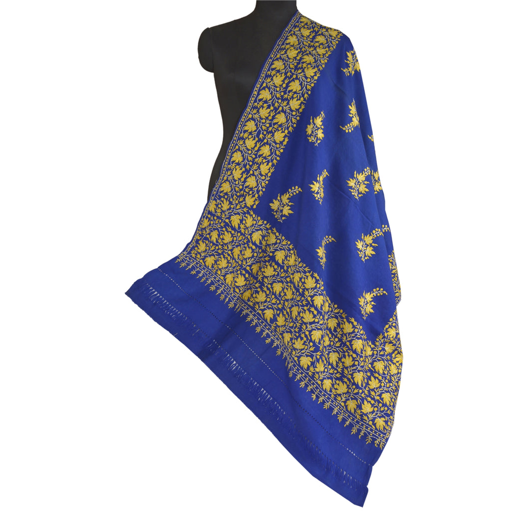 Sanskriti Vintage Long Blue Pure Woolen Shawl Hand Embroidered Scarf Throw Stole