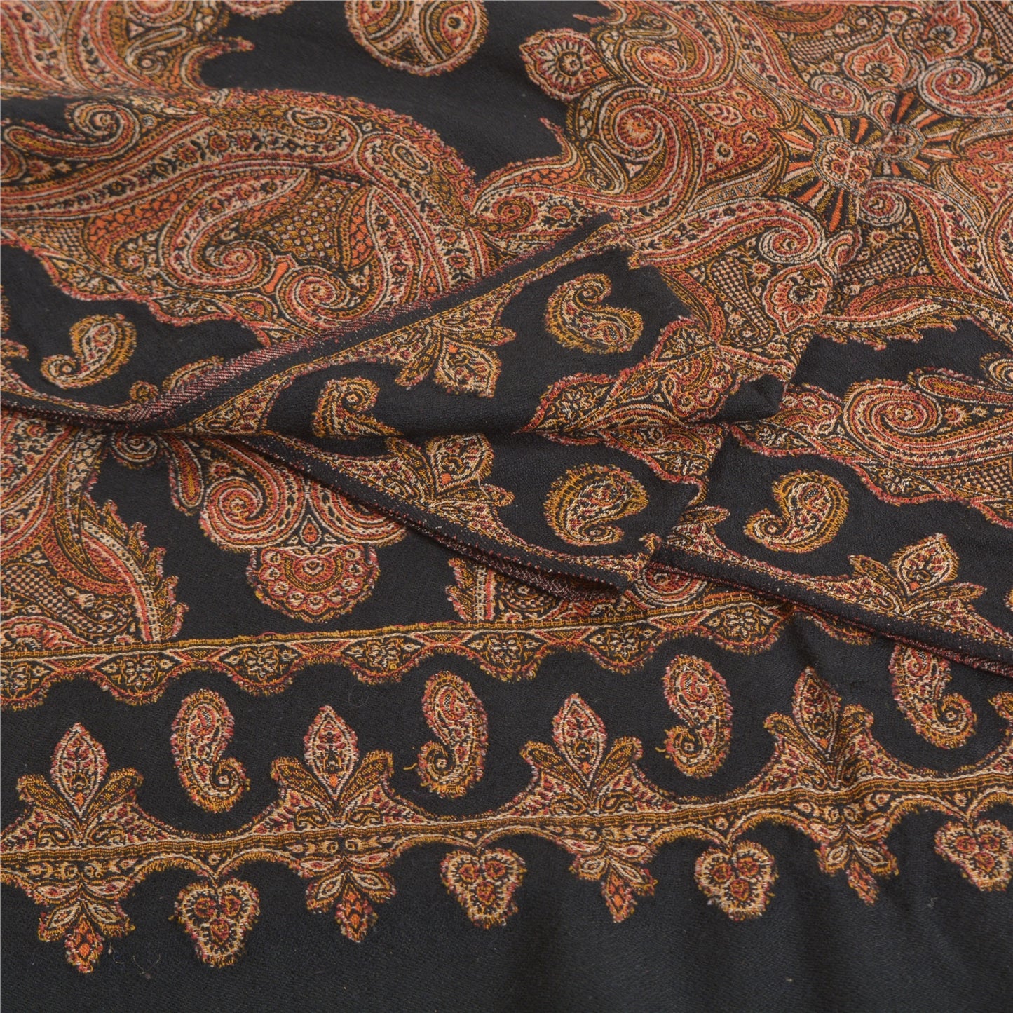 Sanskriti Vintage Long Black Pure Woolen Shawl Woven Scarf Throw Soft Stole