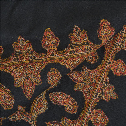 Sanskriti Vintage Long Black Pure Woolen Shawl Woven Scarf Throw Soft Stole