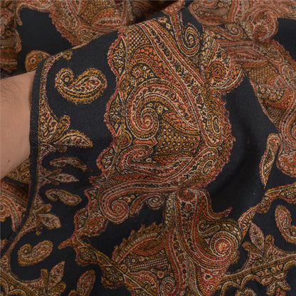 Sanskriti Vintage Long Black Pure Woolen Shawl Woven Scarf Throw Soft Stole