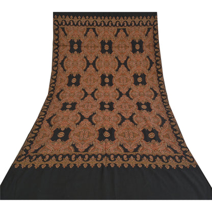Sanskriti Vintage Long Black Pure Woolen Shawl Woven Scarf Throw Soft Stole