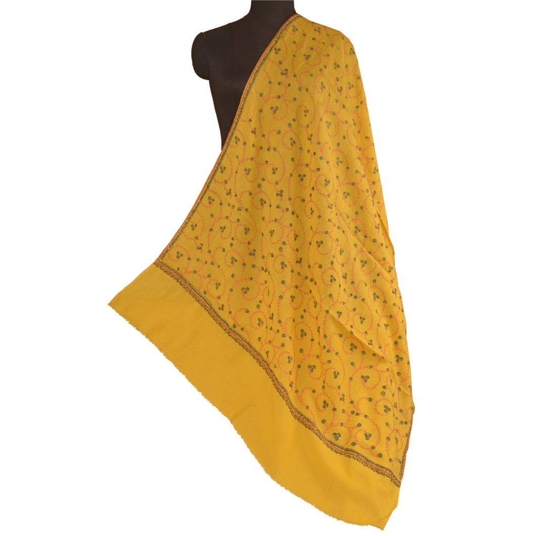 Sanskriti Vintage Long Pure Woolen Yellow Shawl Handmade Suzani Scarf Stole