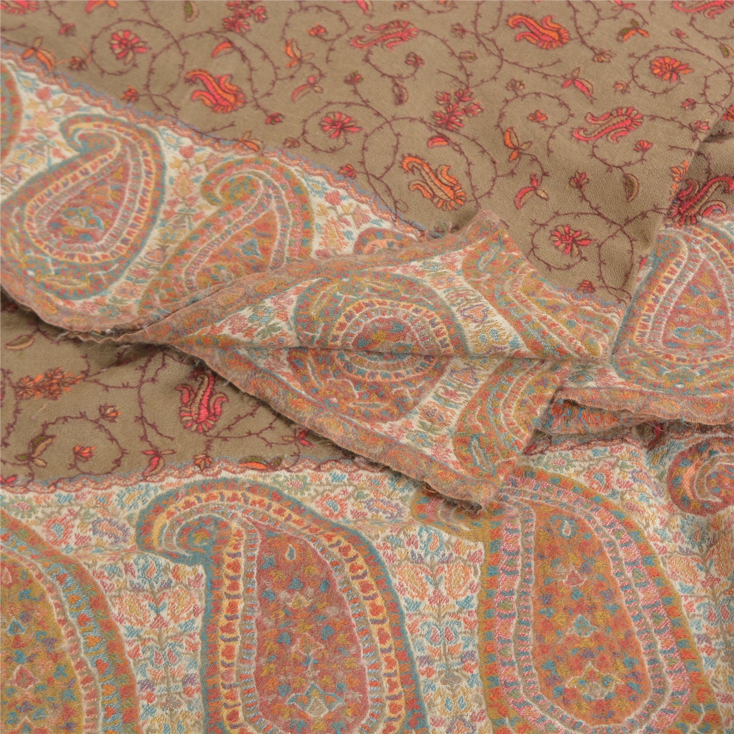 Sanskriti Vintage Long Blend Silk Brown Shawl Embroidered Suzani Woven Stole