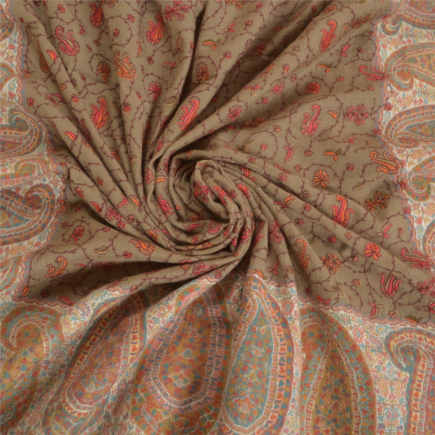 Sanskriti Vintage Long Blend Silk Brown Shawl Embroidered Suzani Woven Stole