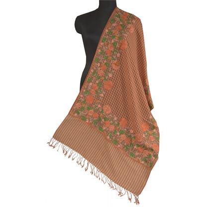 Sanskriti Vintage Long Brown Pure Woolen Shawl Handmade Ari Work Scarf Stole