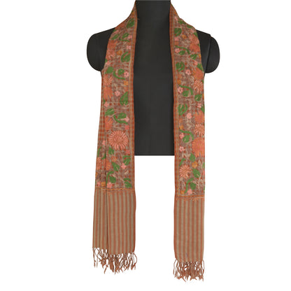 Sanskriti Vintage Long Brown Pure Woolen Shawl Handmade Ari Work Scarf Stole