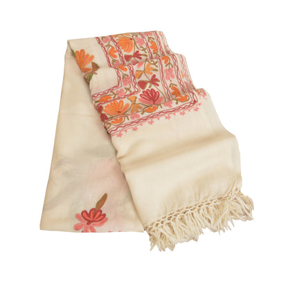 Sanskriti Vintage Long Ivory Pure Woollen Shawl Handmade Ari Work Scarf Stole