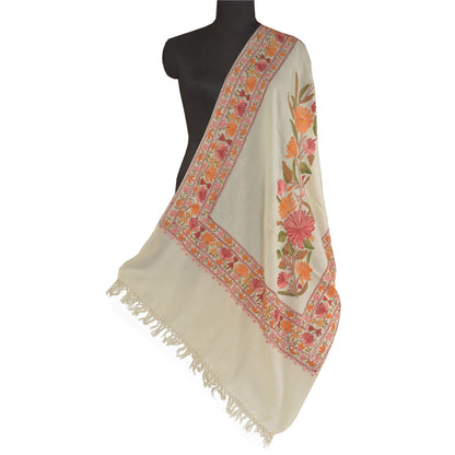 Sanskriti Vintage Long Ivory Pure Woollen Shawl Handmade Ari Work Scarf Stole