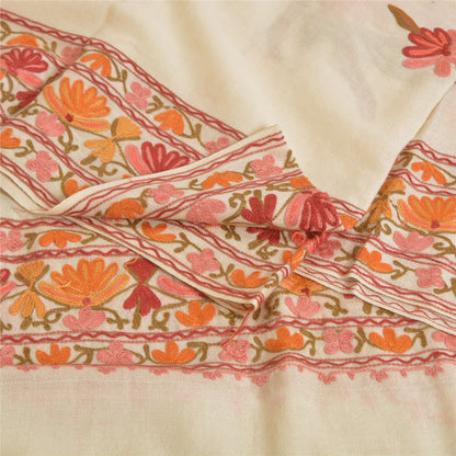 Sanskriti Vintage Long Ivory Pure Woollen Shawl Handmade Ari Work Scarf Stole