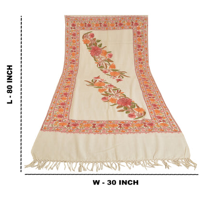 Sanskriti Vintage Long Ivory Pure Woollen Shawl Handmade Ari Work Scarf Stole