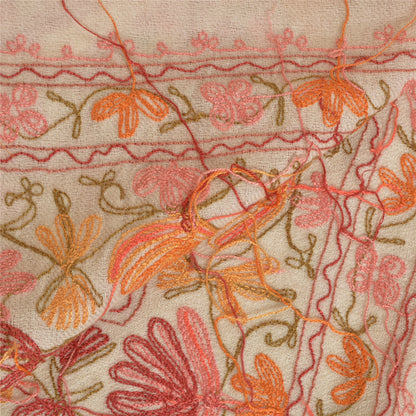 Sanskriti Vintage Long Ivory Pure Woollen Shawl Handmade Ari Work Scarf Stole