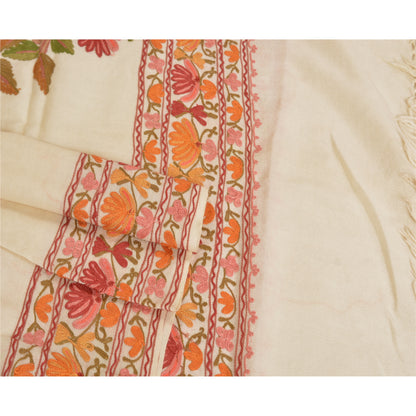 Sanskriti Vintage Long Ivory Pure Woollen Shawl Handmade Ari Work Scarf Stole