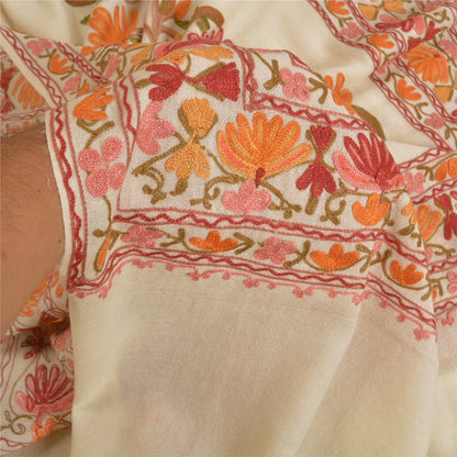 Sanskriti Vintage Long Ivory Pure Woollen Shawl Handmade Ari Work Scarf Stole