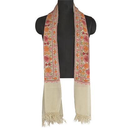 Sanskriti Vintage Long Ivory Pure Woollen Shawl Handmade Ari Work Scarf Stole