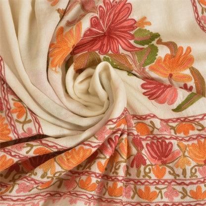 Sanskriti Vintage Long Ivory Pure Woollen Shawl Handmade Ari Work Scarf Stole