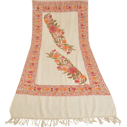 Sanskriti Vintage Long Ivory Pure Woollen Shawl Handmade Ari Work Scarf Stole