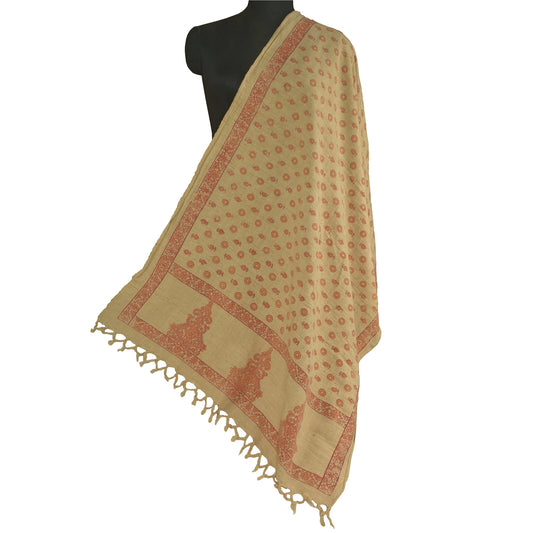 Sanskriti Vintage Long Ivory Pure Handloom Cotton Shawl Block Print Scarf Stole