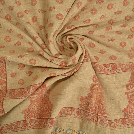 Sanskriti Vintage Long Ivory Pure Handloom Cotton Shawl Block Print Scarf Stole