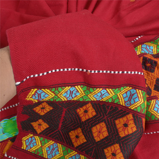 Sanskriti Vintage Long Dark Red Woollen Shawl Hand Embroidered Scarf Stole