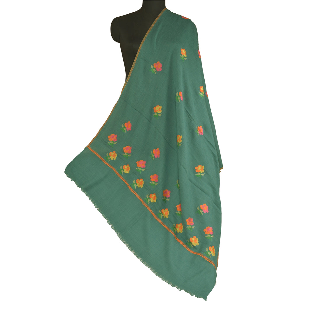 Sanskriti Vintage Long Pure Woolen Green Shawl Sindhi Embroidered Scarf Stole