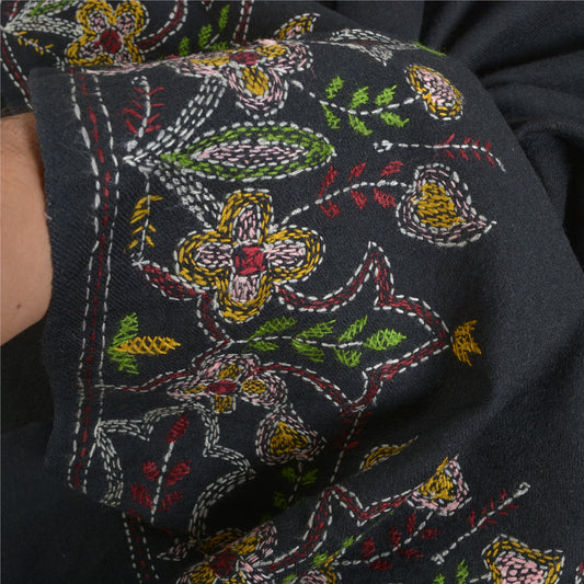Sanskriti Vintage Long 100% Pure Woollen Black Shawl Handmade Kantha Scarf Stole