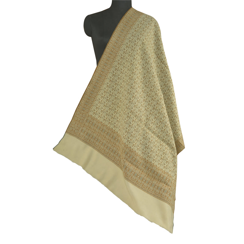 Sanskriti Vintage Long Pure Woollen Ivory Shawl Woven Scarf Throw Soft Stole