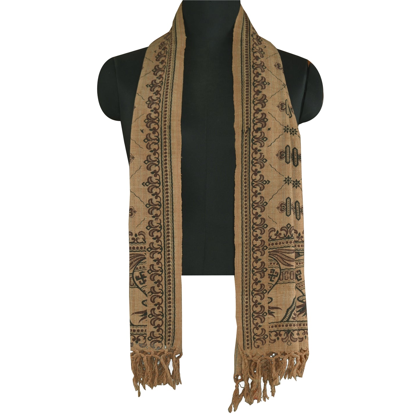 Sanskriti Vintage Long Pure Cotton Brown Shawl Block Printed Scarf Throw Stole