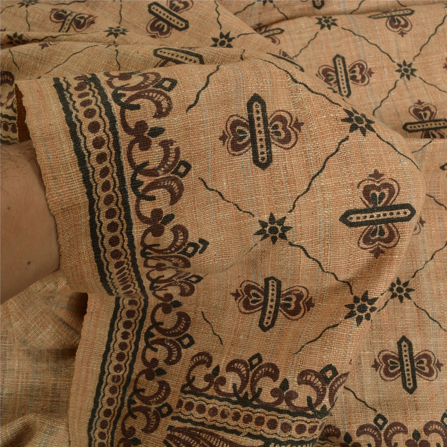 Sanskriti Vintage Long Pure Cotton Brown Shawl Block Printed Scarf Throw Stole