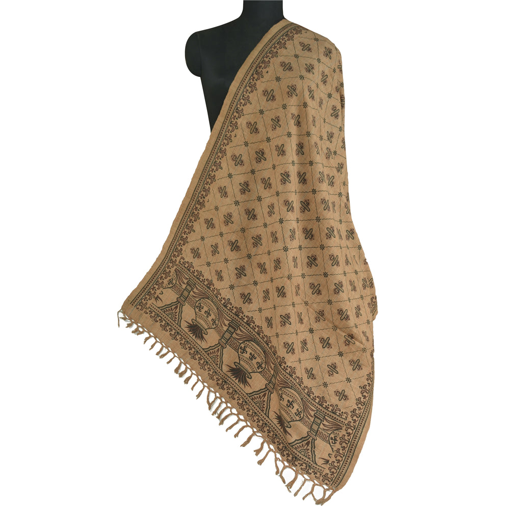 Sanskriti Vintage Long Pure Cotton Brown Shawl Block Printed Scarf Throw Stole
