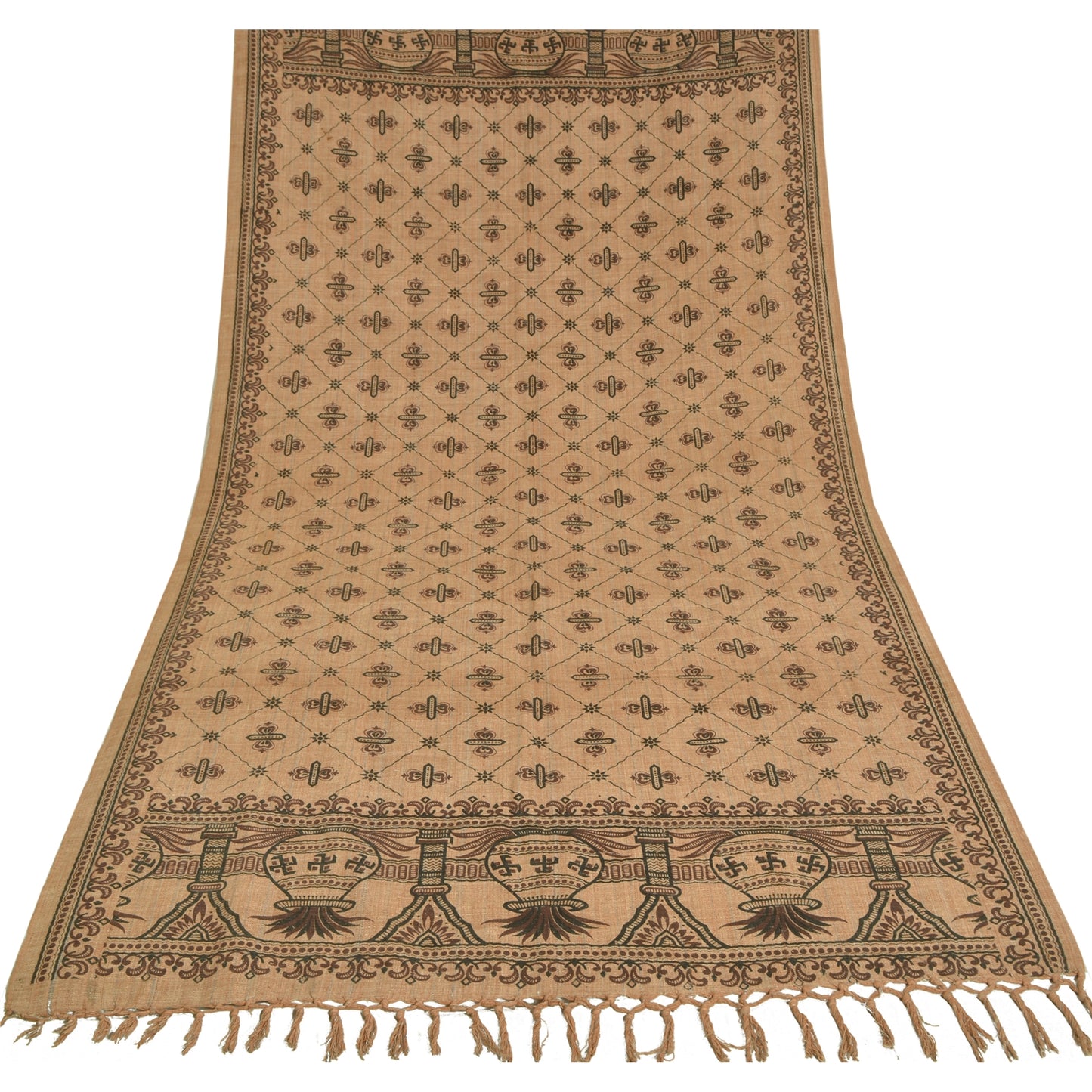 Sanskriti Vintage Long Pure Cotton Brown Shawl Block Printed Scarf Throw Stole