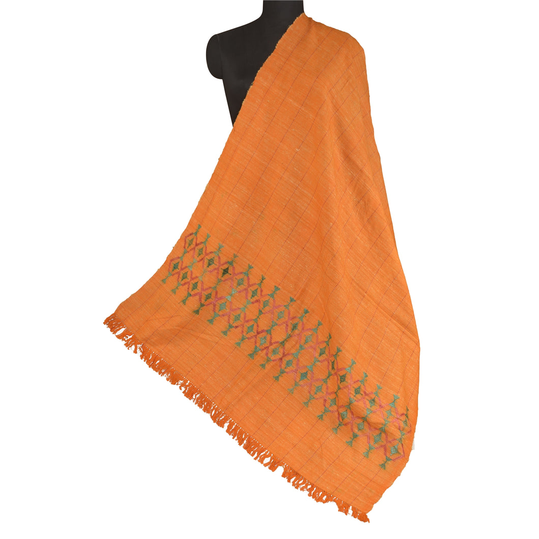 Sanskriti Vintage Long Orange Pure Cotton Shawl Hand Embroidered Scarf Stole