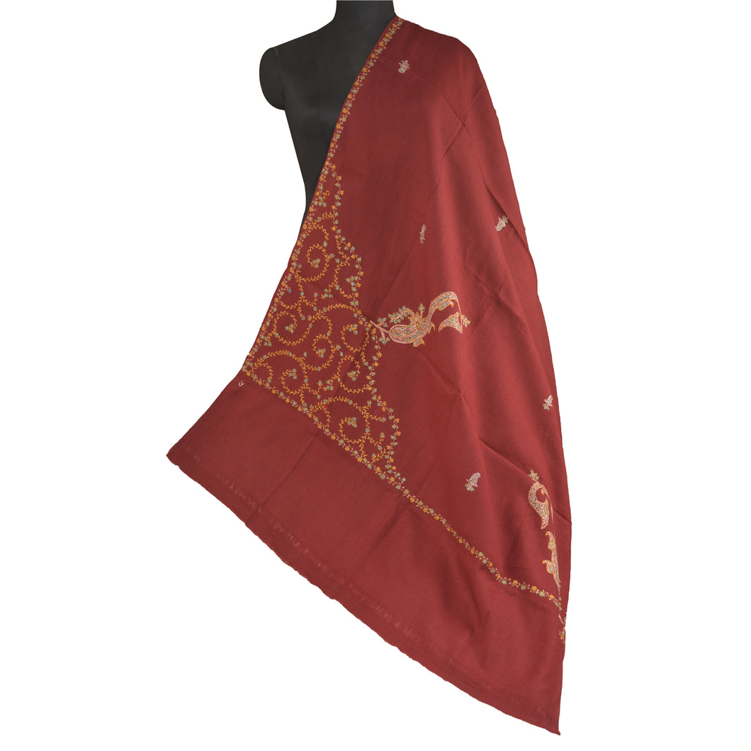 Sanskriti Vintage Long Pure Woollen Dark Red Shawl Handmade Suzani Scarf Stole