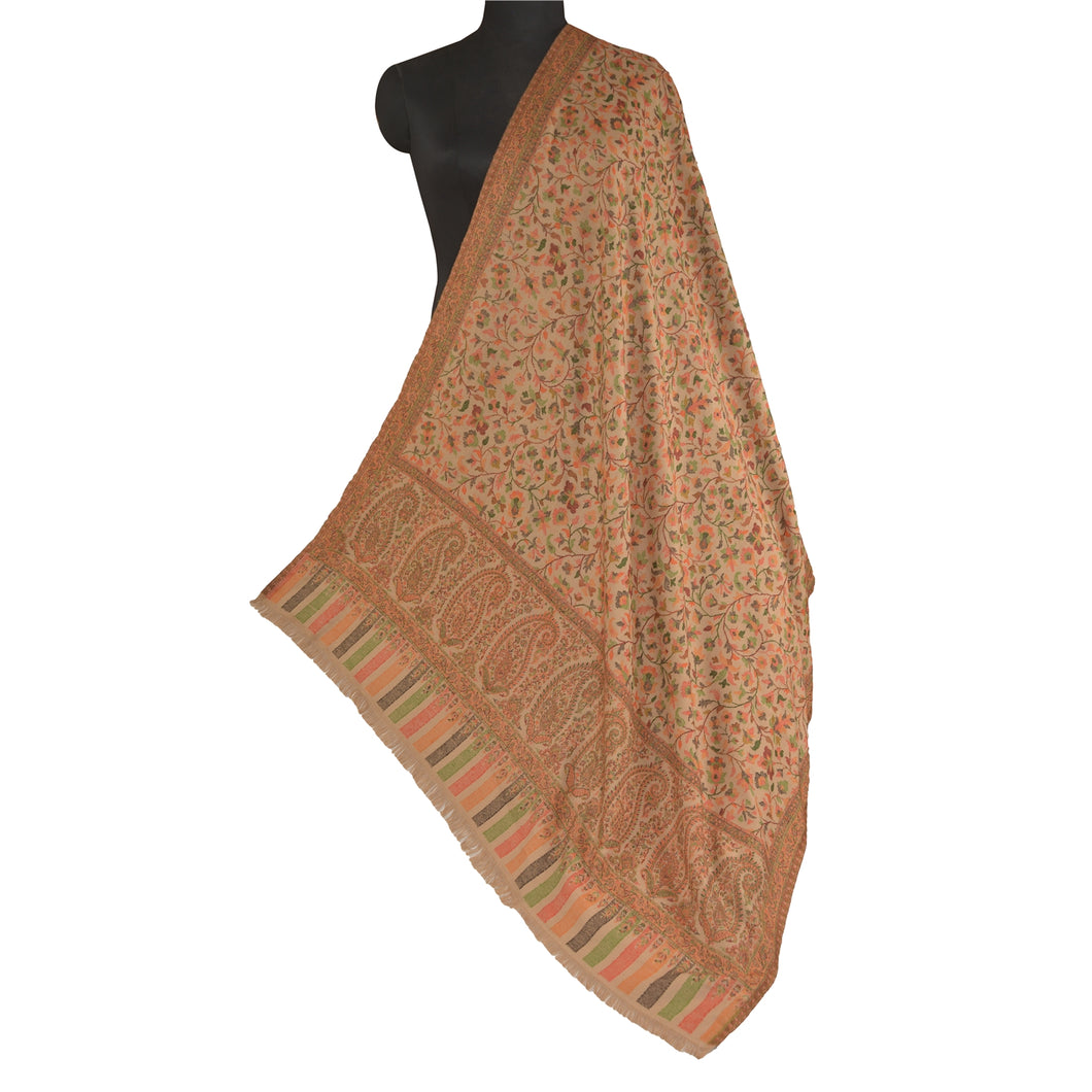 Sanskriti Vintage Long Woollen Beige Shawl Woven Scarf Throw Soft Stole