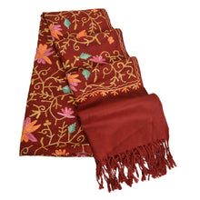 Load image into Gallery viewer, Sanskriti Vintage Long Dark Red Woollen Shawl Handmade Ari Work Scarf Stole
