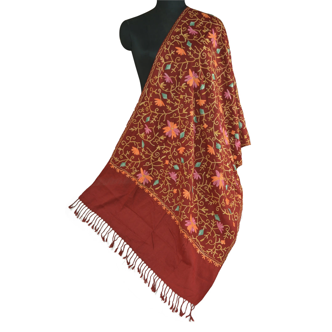 Sanskriti Vintage Long Dark Red Woollen Shawl Handmade Ari Work Scarf Stole