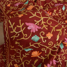 Load image into Gallery viewer, Sanskriti Vintage Long Dark Red Woollen Shawl Handmade Ari Work Scarf Stole
