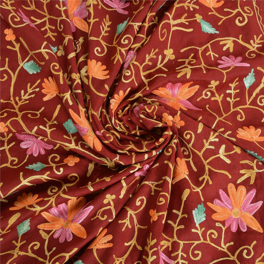 Sanskriti Vintage Long Dark Red Woollen Shawl Handmade Ari Work Scarf Stole
