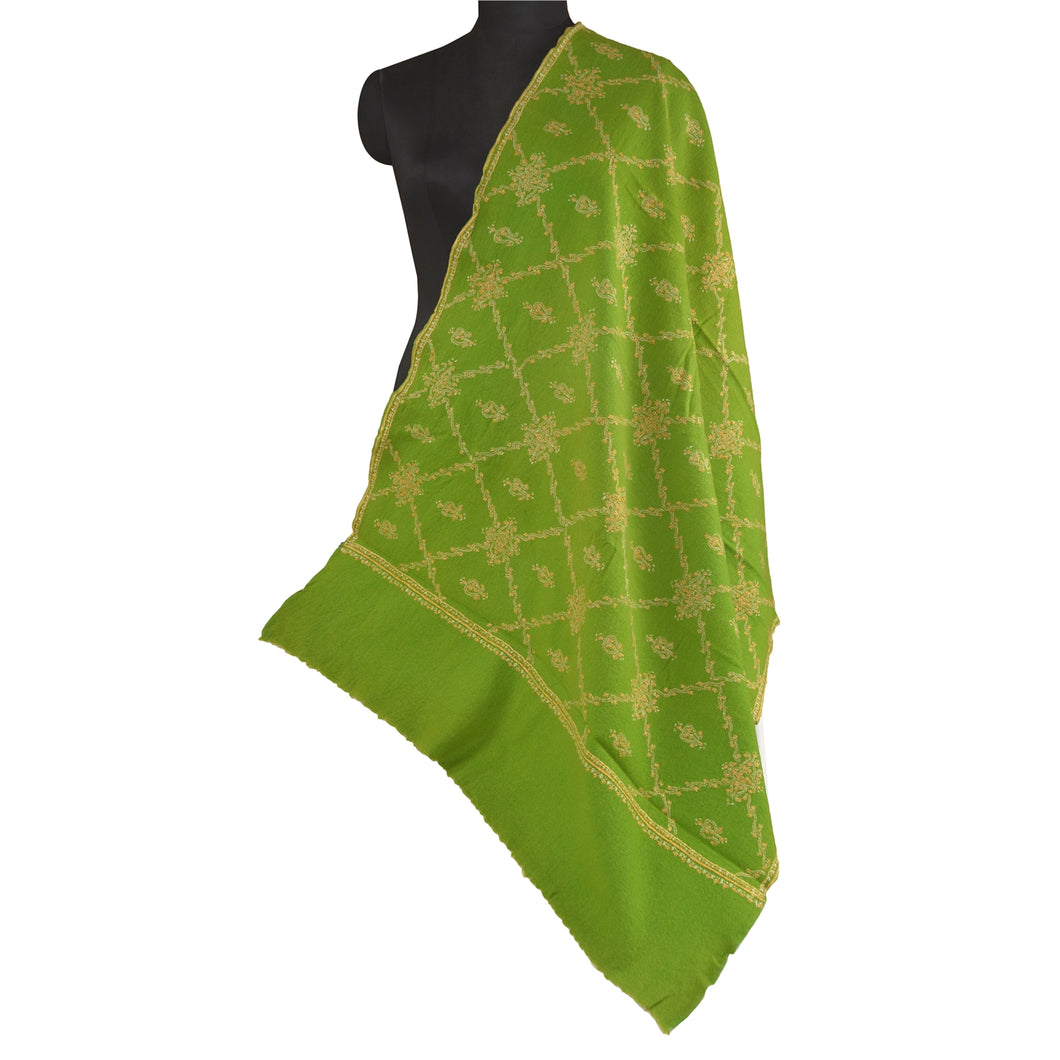 Sanskriti Vintage Long Pure Woollen Green Shawl Handmade Suzani Scarf Stole