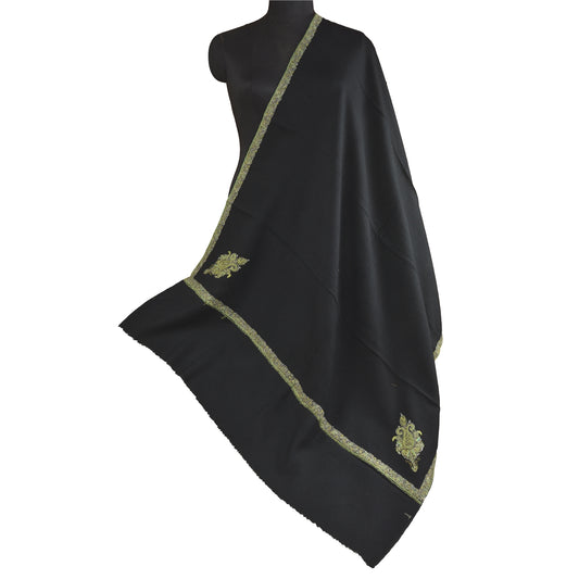 Sanskriti Vintage Long Pure Woolen Black Shawl Handmade Suzani Scarf Stole