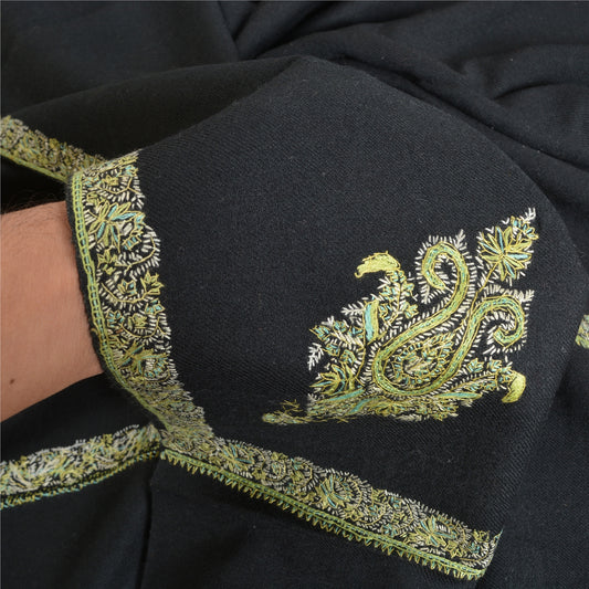 Sanskriti Vintage Long Pure Woolen Black Shawl Handmade Suzani Scarf Stole