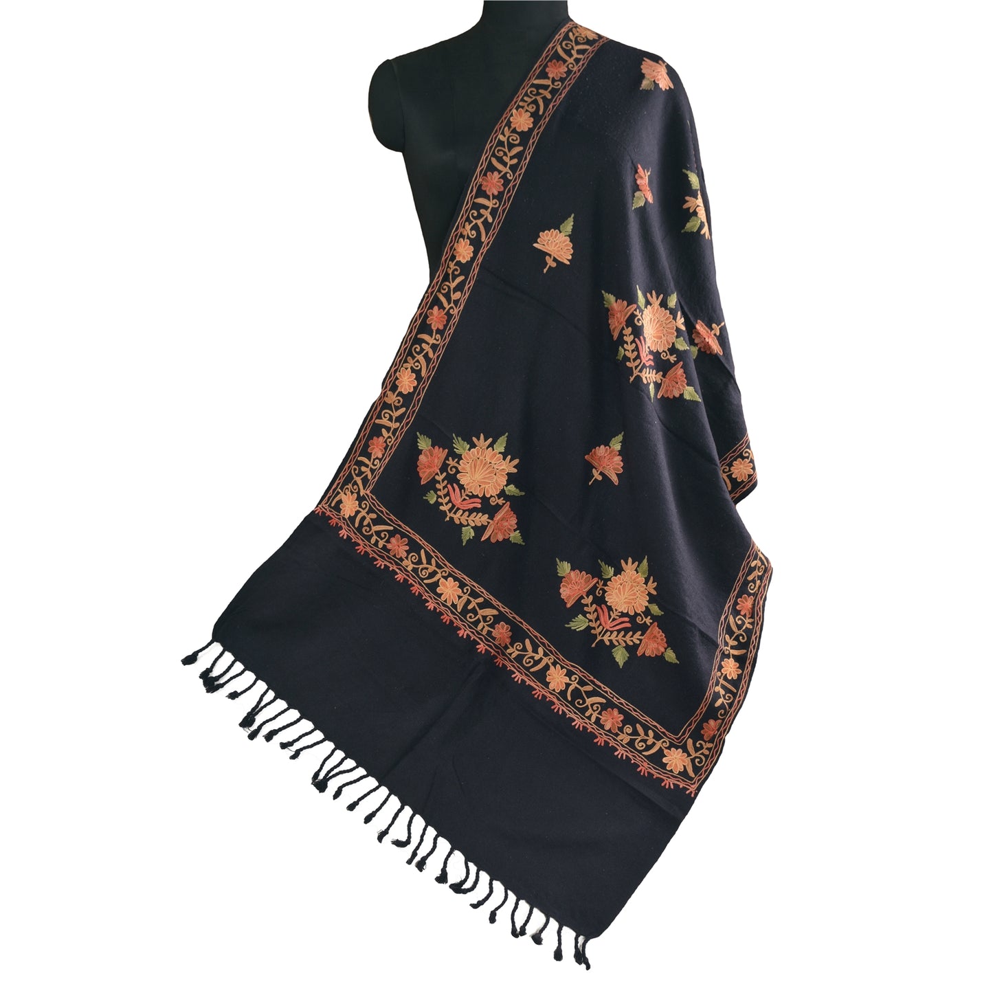 Sanskriti Vintage Long Woolen Black Shawl Handmade Ari Work Scarf Throw Stole