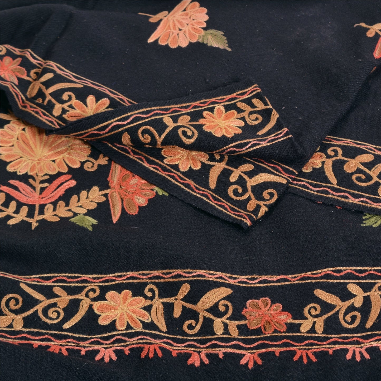 Sanskriti Vintage Long Woolen Black Shawl Handmade Ari Work Scarf Throw Stole