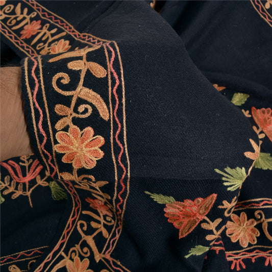 Sanskriti Vintage Long Woolen Black Shawl Handmade Ari Work Scarf Throw Stole