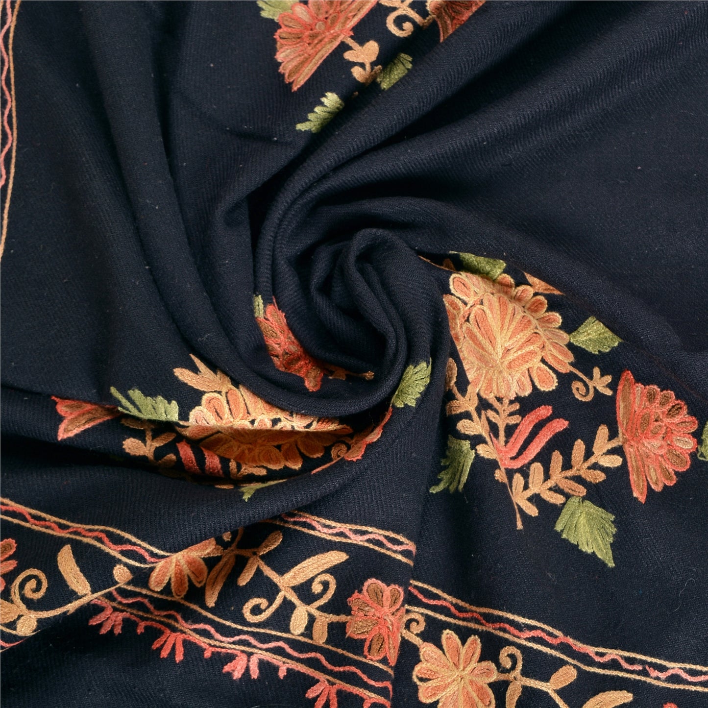 Sanskriti Vintage Long Woolen Black Shawl Handmade Ari Work Scarf Throw Stole