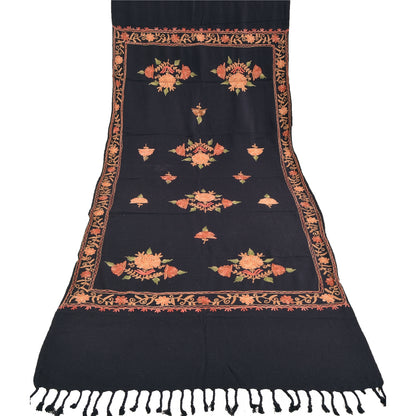 Sanskriti Vintage Long Woolen Black Shawl Handmade Ari Work Scarf Throw Stole