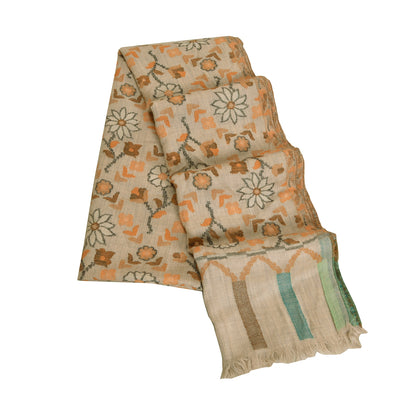 Sanskriti Vintage Long Pure Woollen Ivory Shawl Hand-Woven Scarf Throw Stole