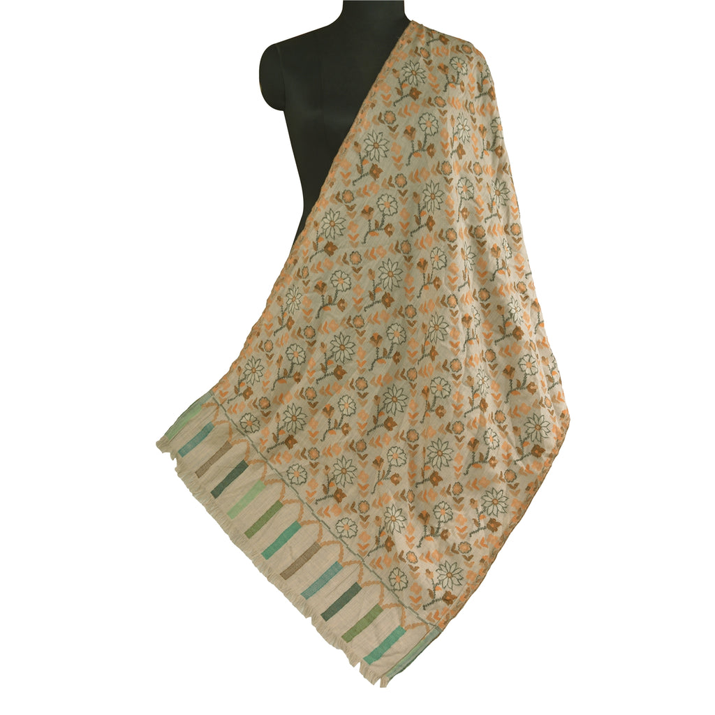 Sanskriti Vintage Long Pure Woollen Ivory Shawl Hand-Woven Scarf Throw Stole