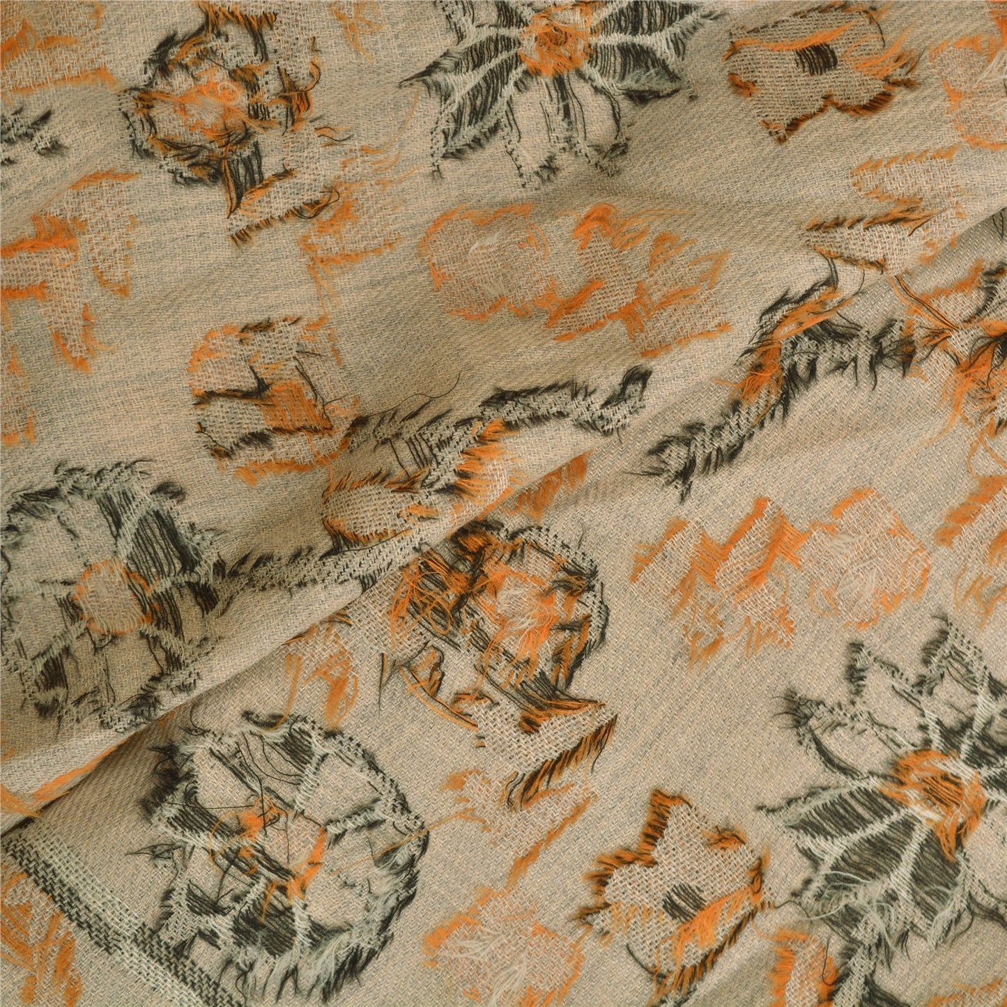 Sanskriti Vintage Long Pure Woollen Ivory Shawl Hand-Woven Scarf Throw Stole