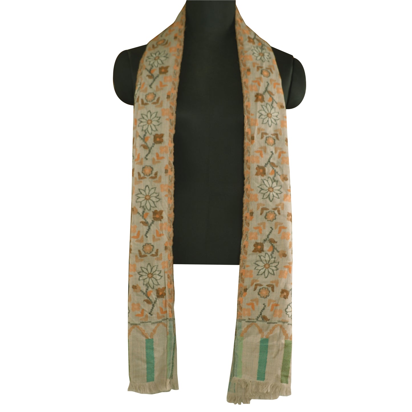 Sanskriti Vintage Long Pure Woollen Ivory Shawl Hand-Woven Scarf Throw Stole